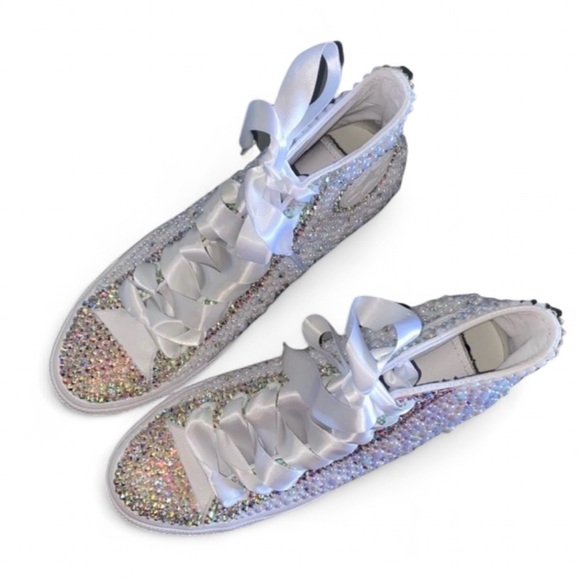 Crystal AB Diamonds & Pearls High Top Converse Sizes 5-14 New With Ribbon Laces - Picture 5 of 14